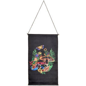 Threadheads Cosmic Mushroom Wall Hanging, 18" x 11", vibrant embroidery on black