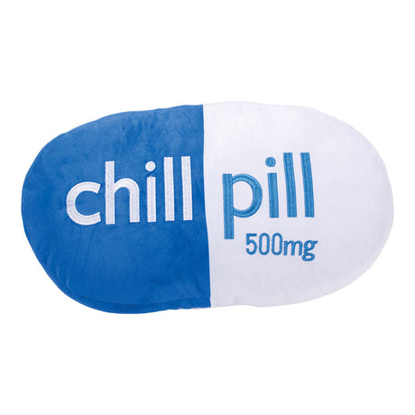 Blue and white Chill Pill plush pillow with 500mg label, 18"x10", cozy cotton material