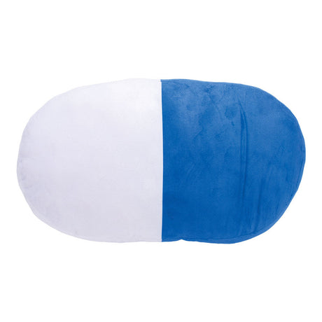 Chill Pill Plush Pillow in Blue, 18"x10" size, made of soft cotton, top view on white background