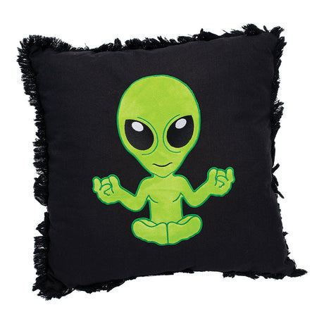 Green Alien on Black Plush Pillow - 16"x15" Front View with Fringe