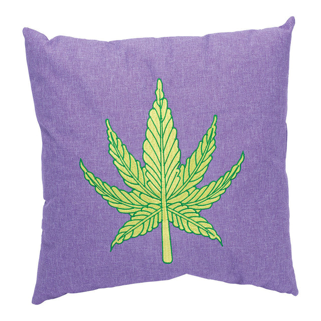 Leaf Purple Plush Pillow with a vibrant green cannabis leaf design, size 16"x15", perfect for home decor