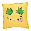 Green Leaf Smiley Face Plush Pillow with vibrant yellow border, front view, perfect for home decor