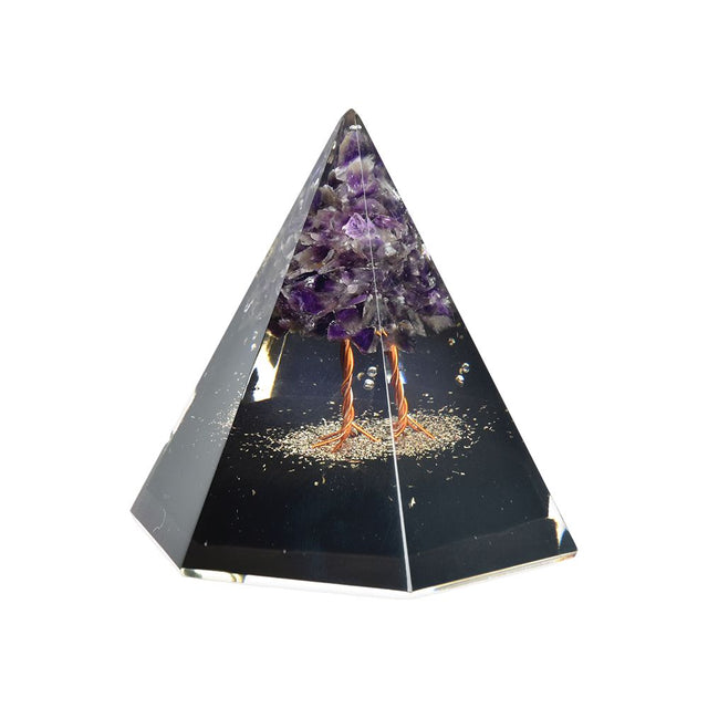 Mystical Tree Orgonite Pyramid with Amethyst - Front View on Seamless White