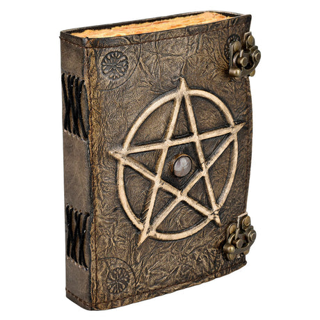 5" x 7" Pentagram Embossed Leather Journal with Metal Closure, Front View on White