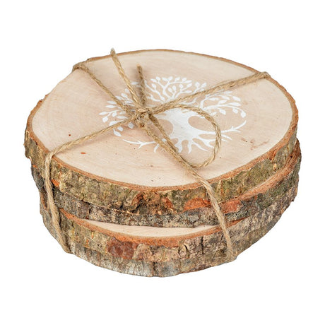 4PC Set of Tree of Life Coasters, 4.5" rustic wood slices with white etching, tied with twine