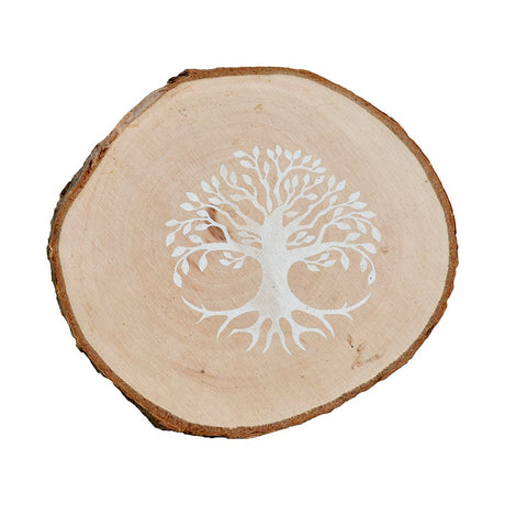 Top view of Tree of Life coaster set, 4.5" natural wood with intricate white design