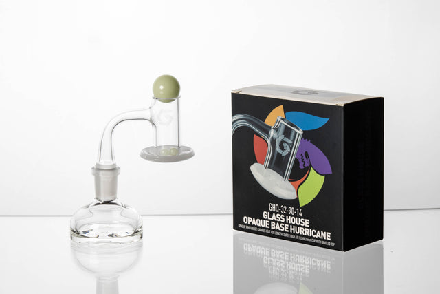 Glasshouse Opaque Hurricane Banger Kit assembled on opaque base, shown beside its retail box