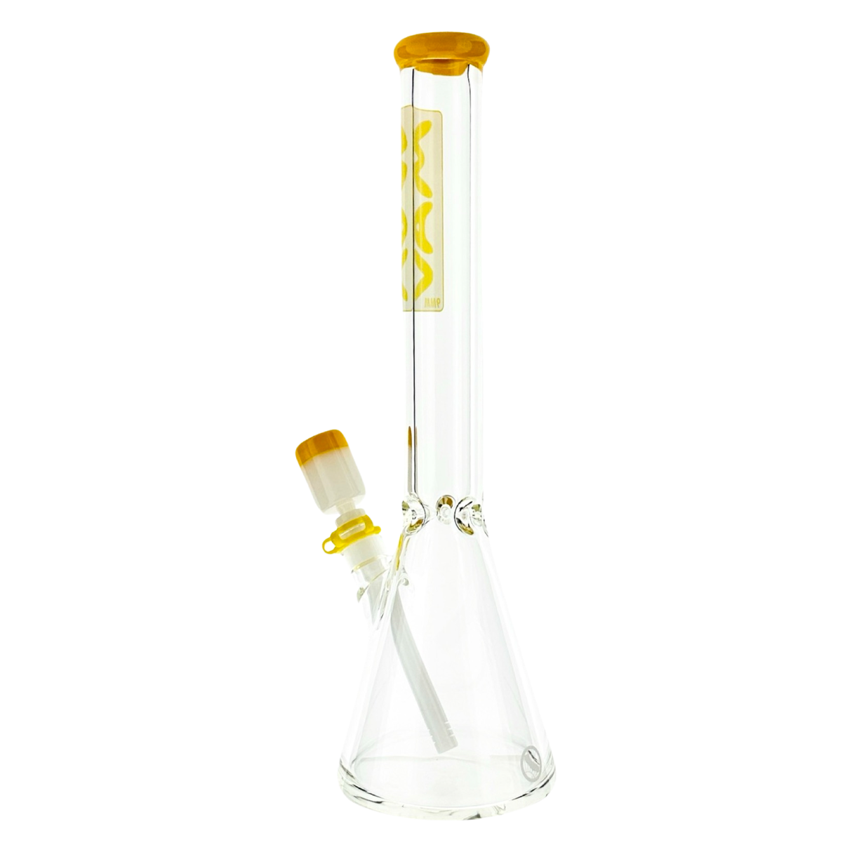 MAV Glass 18" Beaker Bong with 9mm thickness and yellow accents, front view on white background