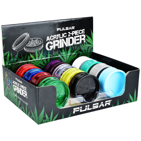 12PC Display of Pulsar Acrylic Grinders, 2-piece, 2", in Assorted Colors
