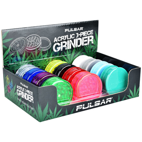 12-piece display of Pulsar Acrylic 3-Piece Grinders in assorted colors, angled front view