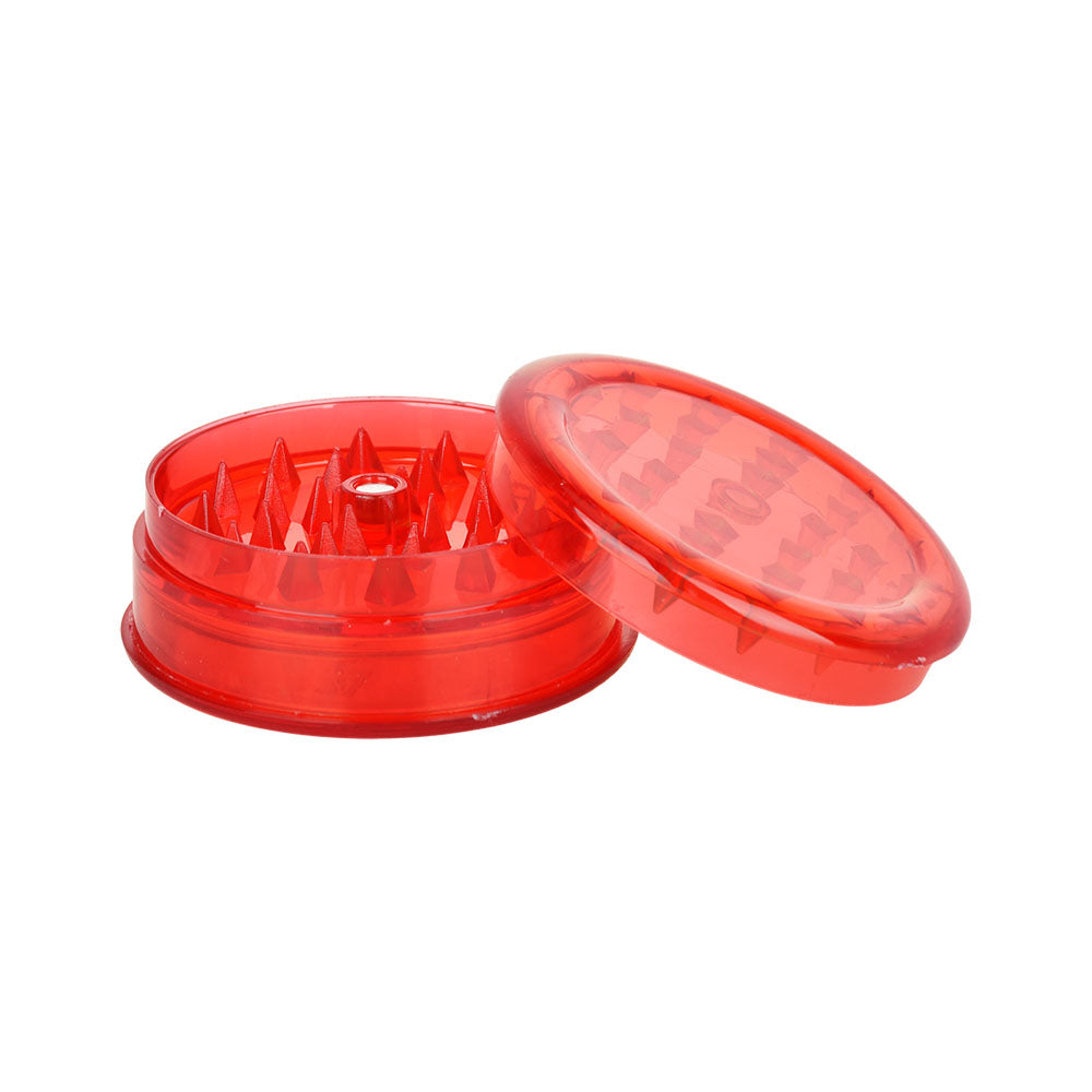 Pulsar Acrylic Grinder in red, 3-piece design, 2.25" diameter, open view showing teeth