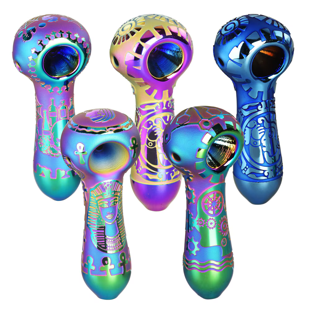 Geo Neo Electroplated Glass Spoon Pipe | 4" | Assorted Colors & Designs | 5ct Bundle