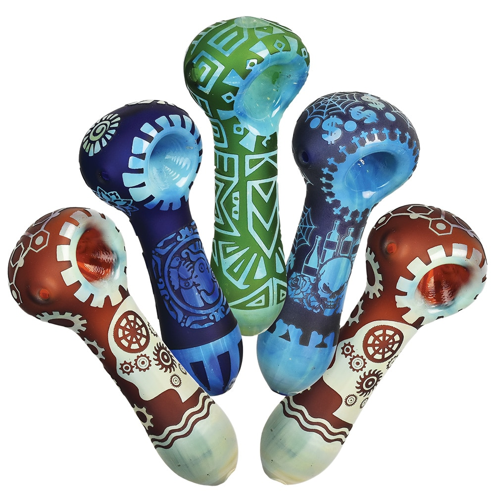 Geometric Culture Frosted Glass Spoon Pipe | 4" | Assorted Colors & Designs | 5ct Bundle