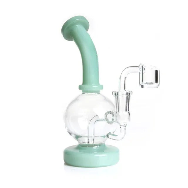 1Stop Glass Round Globe Dab Rig in Green with Inset Perc, 90 Degree Joint, Side View