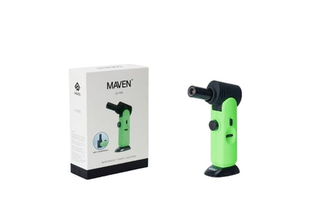 Maven Torch Alter in Neon Green with Adjustable Head and Windproof Jet Flame, next to packaging