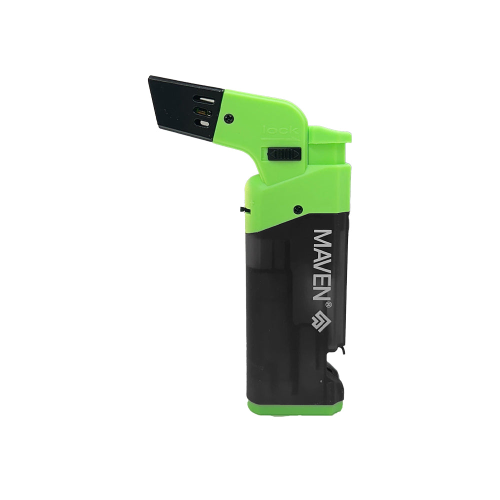 Maven Torch Popper lighter and bottle opener combo in green and black, windproof, side view