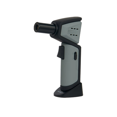 Maven Torch Nova Windproof Jet Flame Lighter in Gray - Side View on Stand, Adjustable Flame