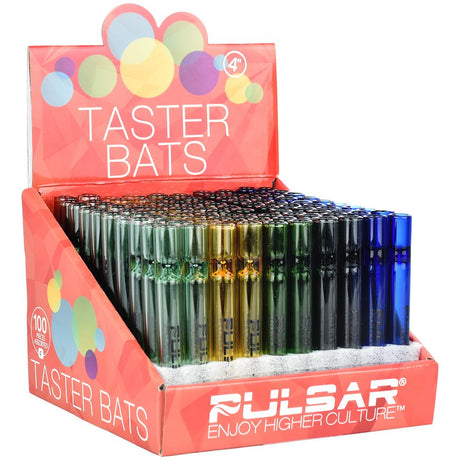 Pulsar Glass Taster Display with 100 Assorted Colored Hand Pipes, 4" Size, Angled View