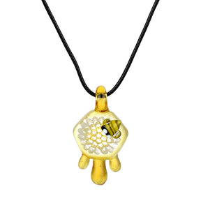 Honey Bee Drippin' Pendant Necklace on a black cord, front view, perfect for stoner-mom style