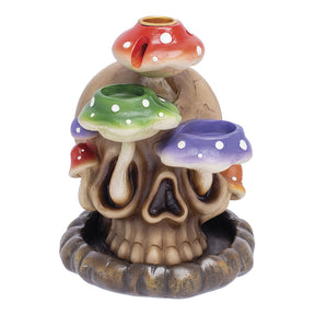 Fujima 6" Tri-Mushroom Skull Backflow Incense Burner, vibrant polyresin design, front view