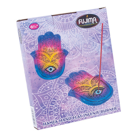 Fujima Hamsa Hand Incense Burner packaging, 6" polyresin, vibrant mandala design