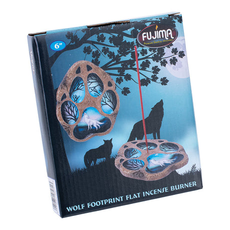 Fujima 6" Wolf Footprint Flat Incense Burner in packaging with wolf and nature graphics