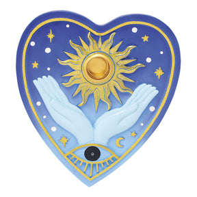 Fujima 6" Sun Heart Flat Incense Burner, celestial design with hands and eye, front view on white background