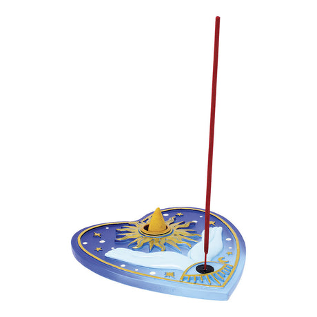 Fujima Sun Heart Flat Incense Burner - 6" with Celestial Design - Top View with Incense Stick