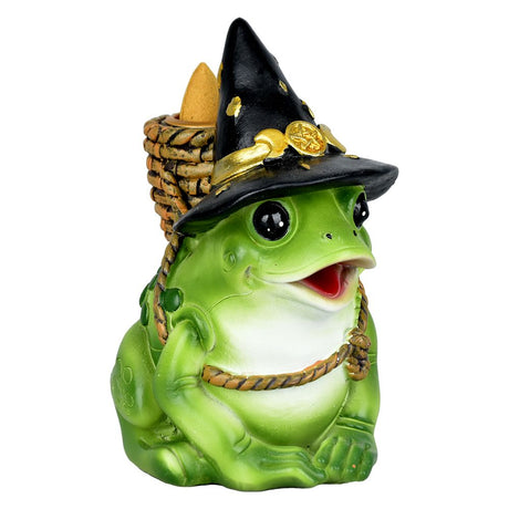 5" Bewitching Frog Incense Burner with a witch hat and backflow cone, front view on white background