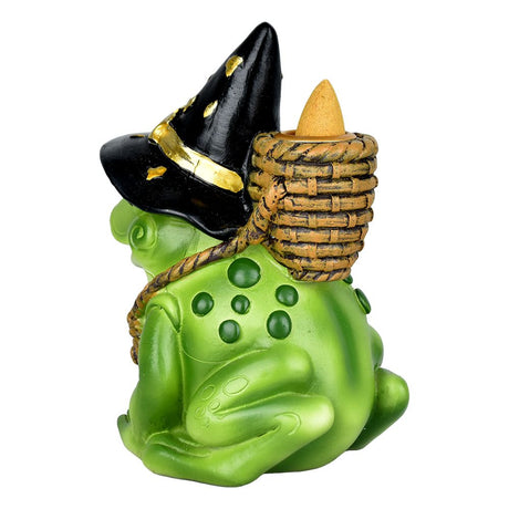 Bewitching Frog Back Flow Incense Burner, Polyresin, 5" with Wizard Hat - Front View