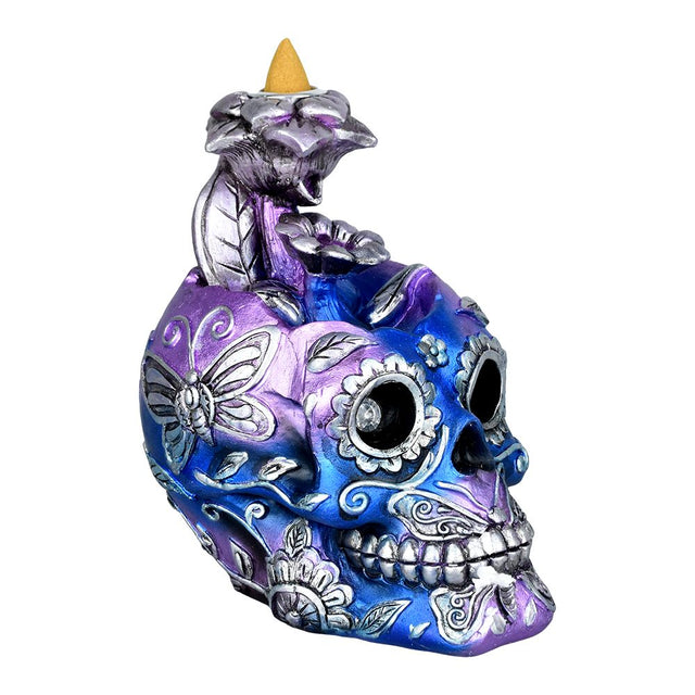 Electro Sugar Skull Back Flow Incense Burner with vibrant colors and intricate designs, front view