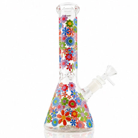 10 inch Beaker Bong purple and blue flowers side view