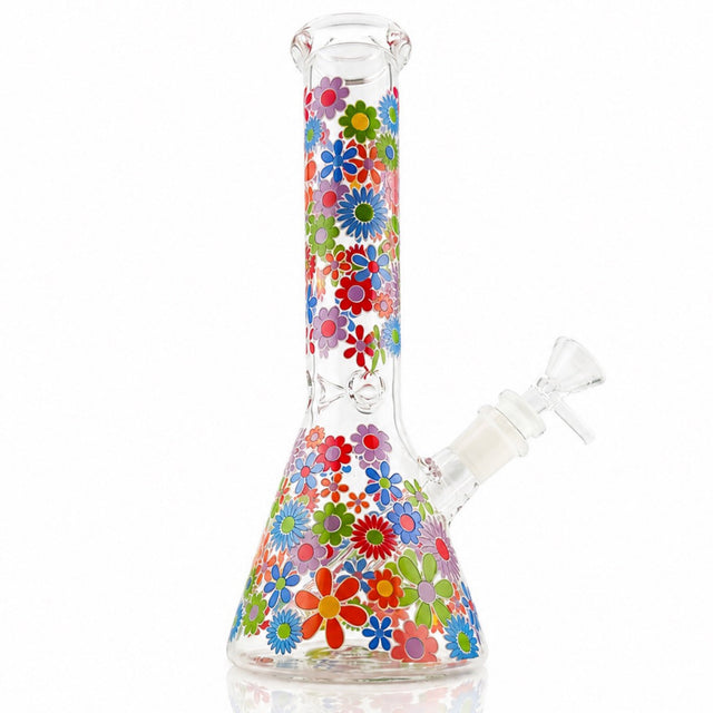 10 inch Beaker Bong purple and blue flowers side view