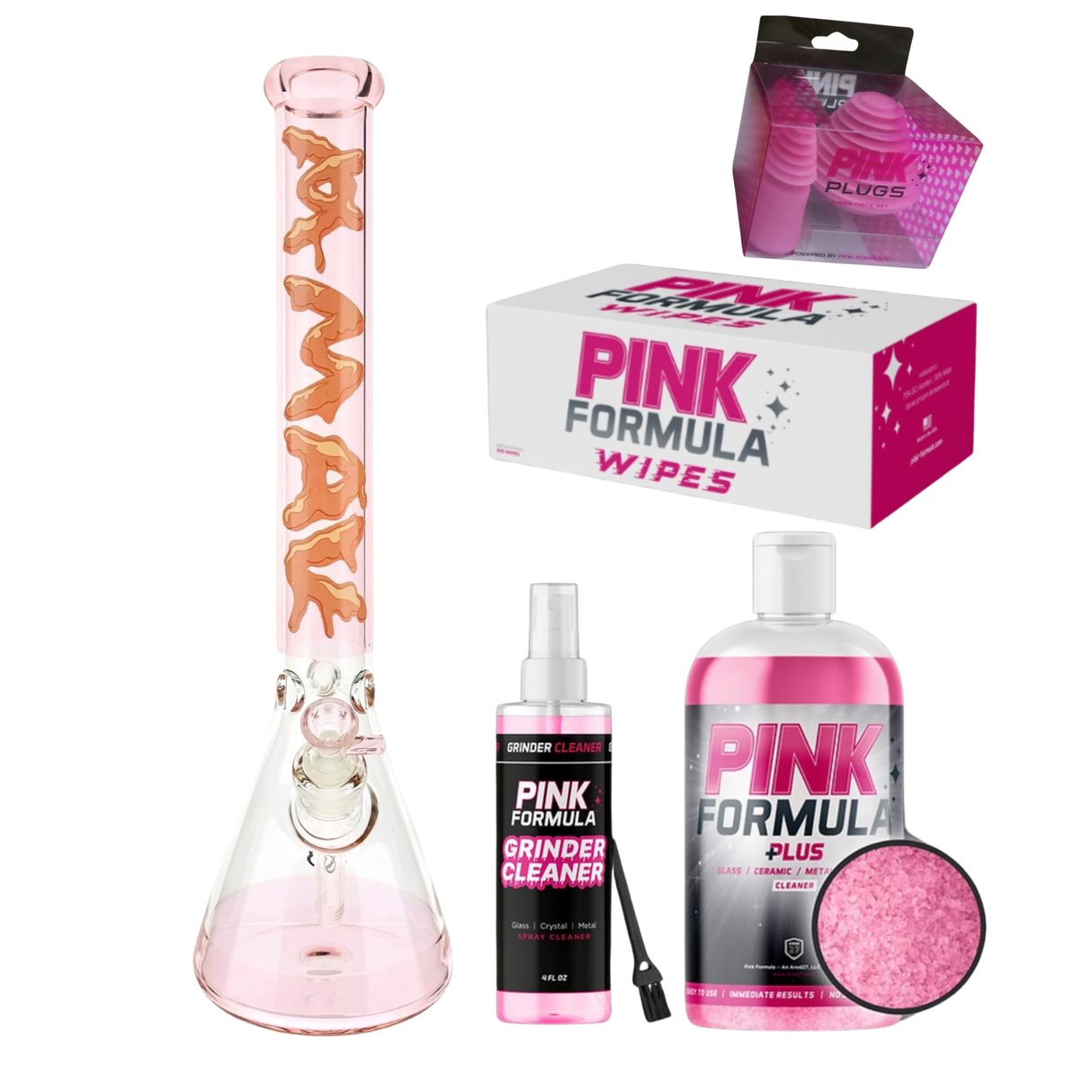 MAV Glass Pink 18" Beaker Bong with Bubble Gum Vibes, Grinder Cleaner, Formula Wipes