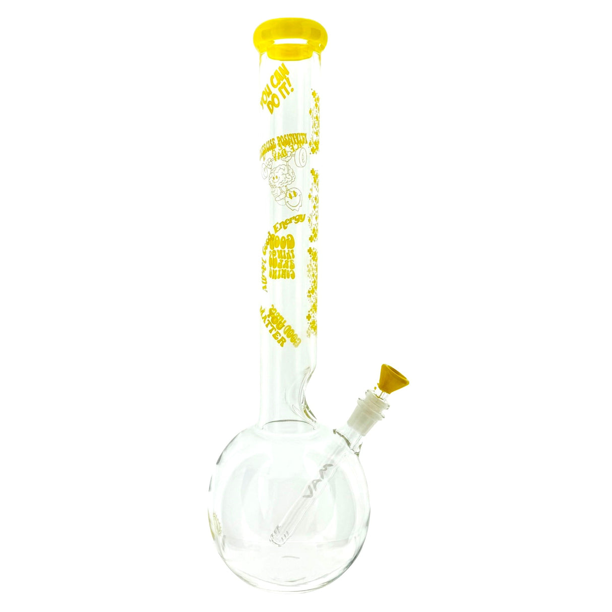 MAV Glass Positivity Bong 18" with bubble bottom and yellow top, side view on white background