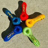 MAV Glass Twisted Frit Hand Pipes in Various Colors - Top View on Concrete