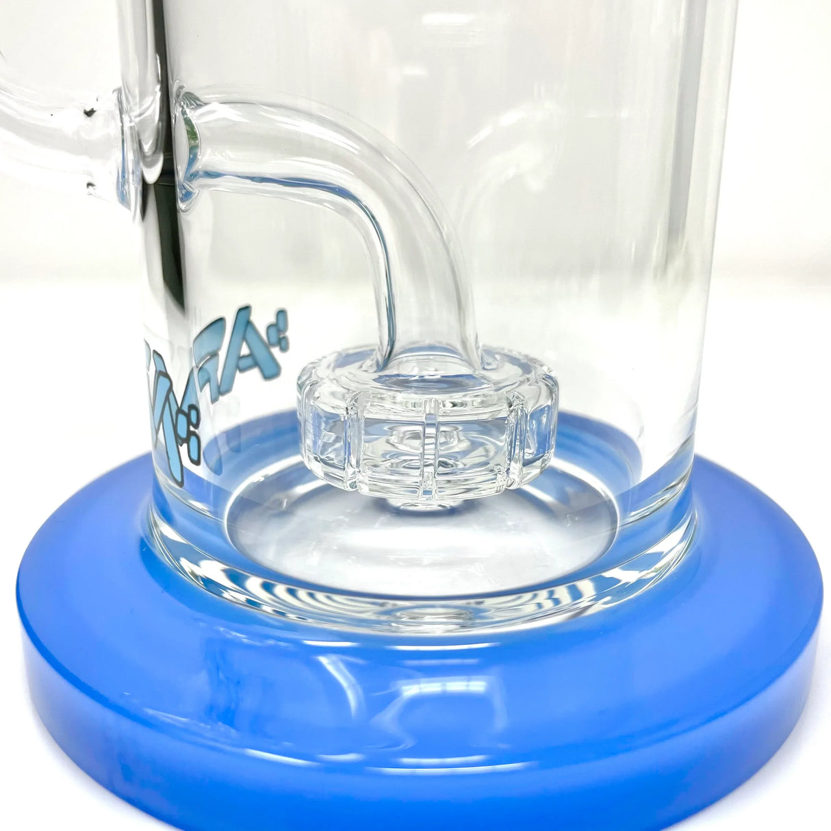 Close-up of AFM 8" Milky Matrix Perc Glass Dab Rig with blue accented base and bent neck