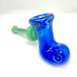 AFM 6" Double Color Boot Pipe in blue and green, handcrafted glass, angled side view