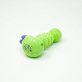 AFM 4" Three Point Color Hand Pipe in lime green with purple accents, angled side view