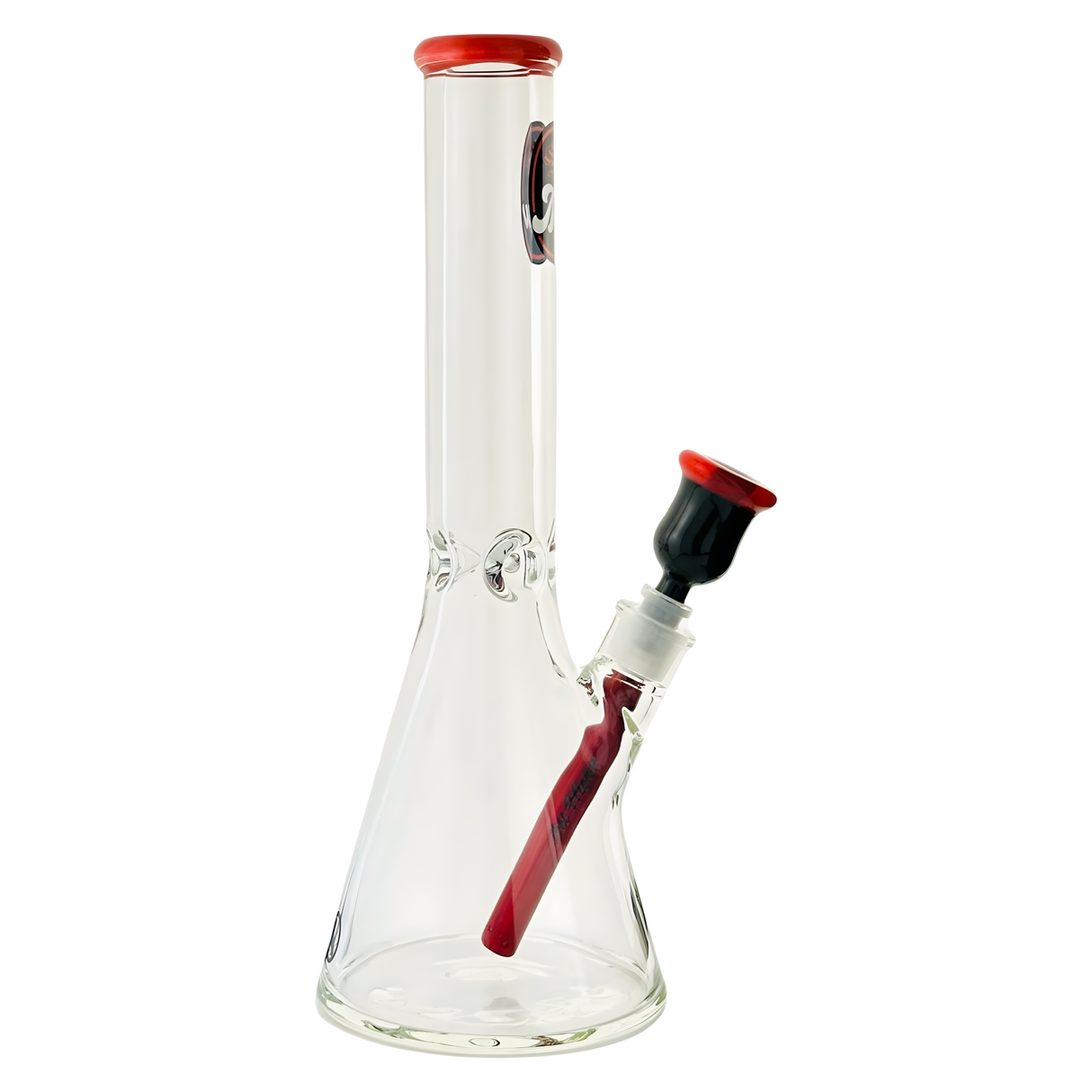 MAV Glass 15" x 9mm Chiquita Beaker Bong with red accents and borosilicate glass, front view