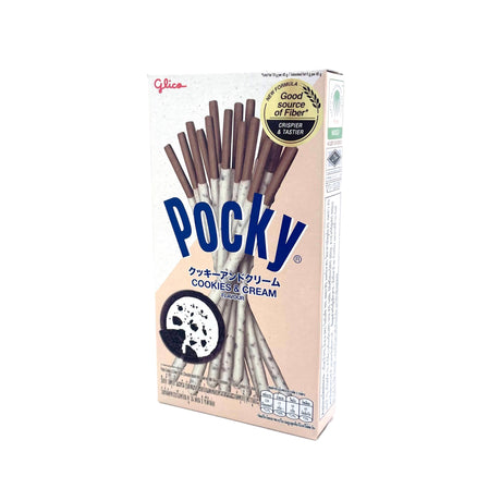 AFM Pocky Cookies & Creme Biscuit Snacks 45g box, front view on a seamless white background