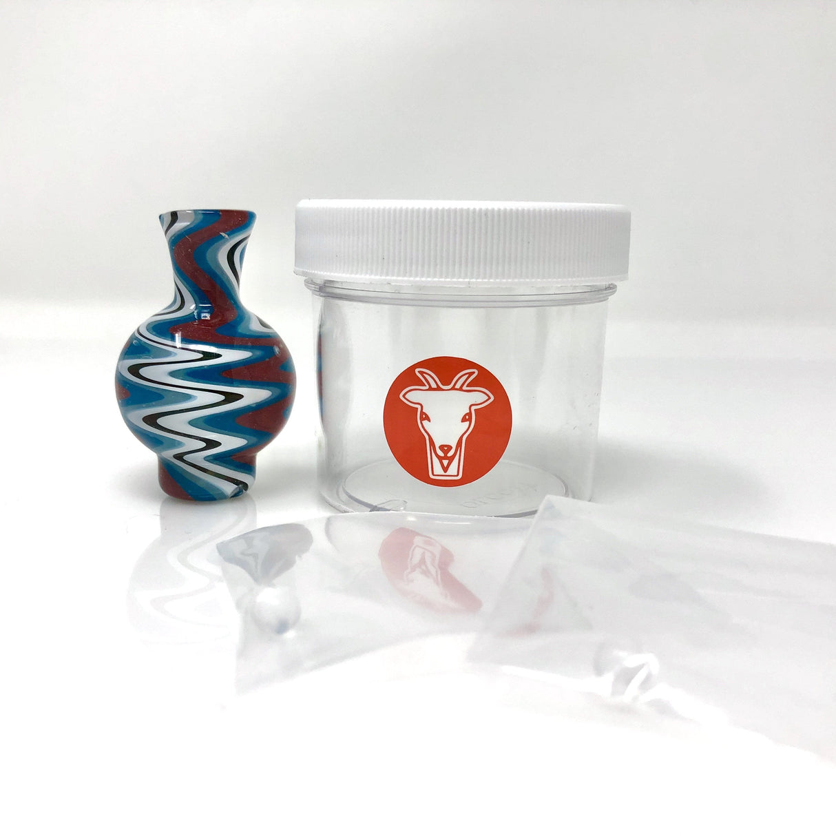 AFM Reversal Bubble Spinner Cap in blue and white swirls with 2 quartz pearls and branded container