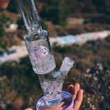 AFM Glass 11" Mini Beaker Bong with Tree Perc, Held in Hand Outdoors, Color Accents