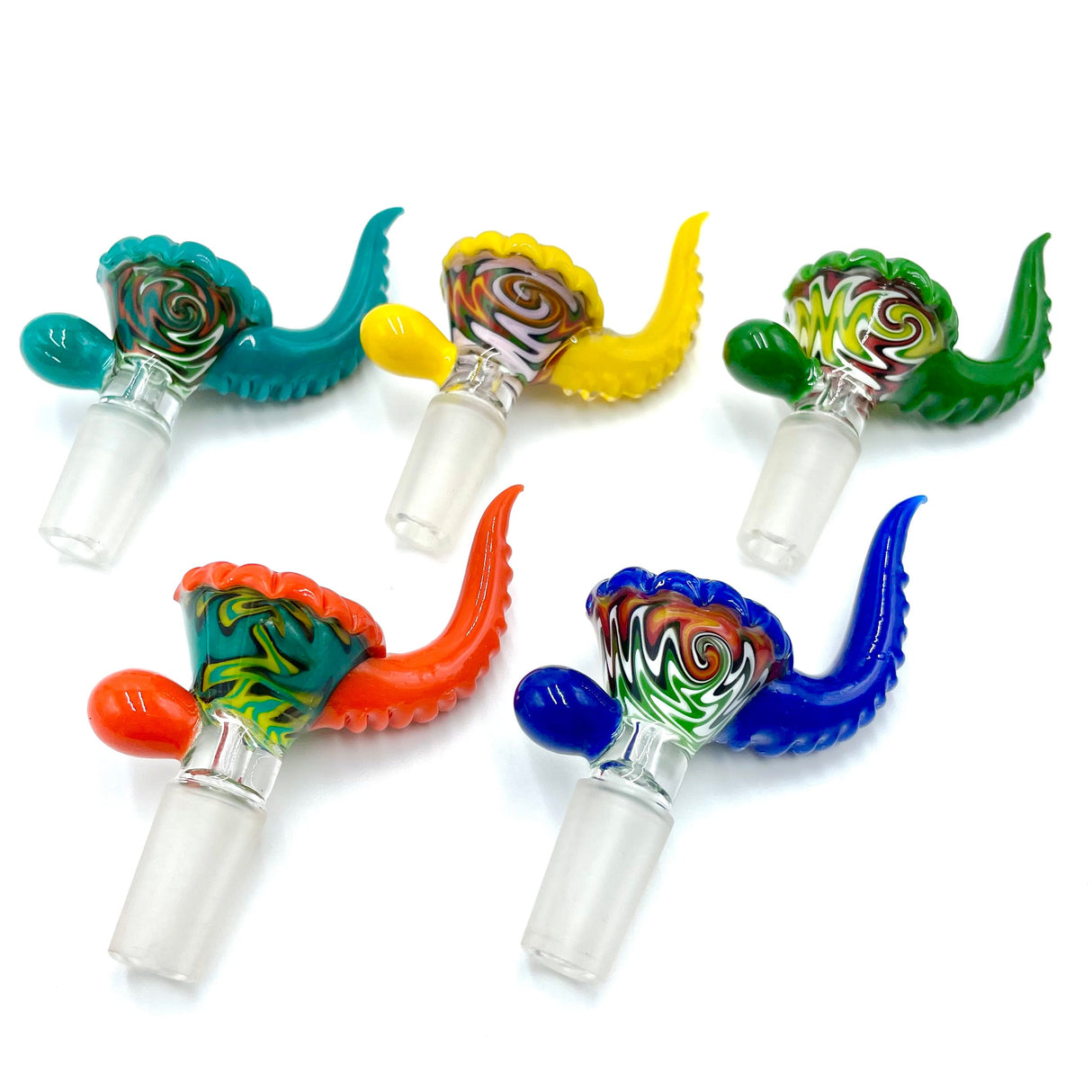 Lucky Goat Rasta Horn Glass Bowls in 14mm size, vibrant rasta colors, top view on white background
