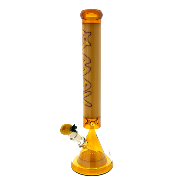 MAV Glass Butter Pyramid 18" beaker bong, side view with the color matched pineapple bowl on the left