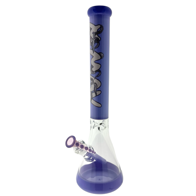 MAV Glass Purple Octobong 18" beaker bong, side view with octopus bowl and stem angled to the left
