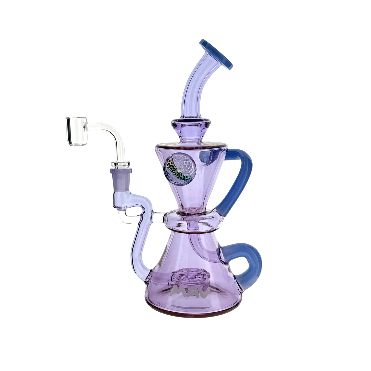 MAV Glass Beverly SUBTL x BELSAR 9" purple recycler dab rig, front view with banger on the left and blue arms