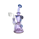 MAV Glass Beverly SUBTL x BELSAR 9" purple recycler dab rig, angled view with banger and bent neck