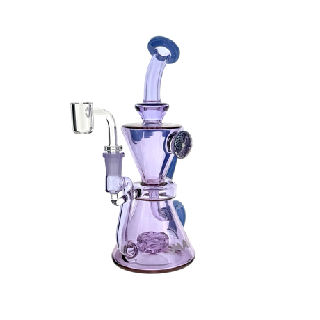 MAV Glass Beverly SUBTL x BELSAR 9" purple recycler dab rig, angled view with banger and bent neck