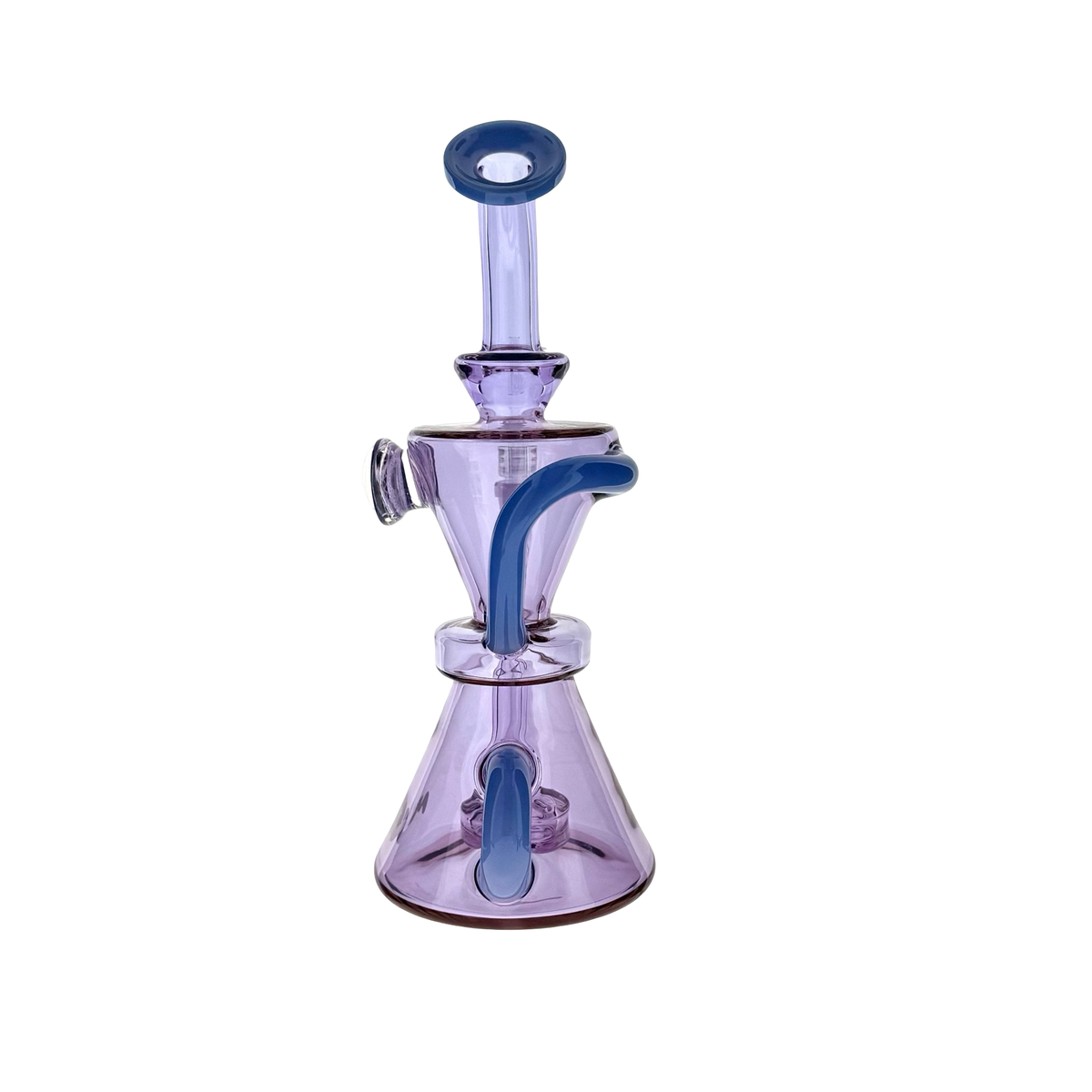 MAV Glass Beverly SUBTL x BELSAR 9" purple recycler dab rig, opposite side profile with blue recycler arm